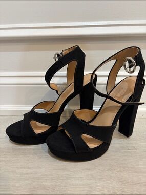 LC Lauren Conrad Black Suede Platform Block Heel Sandals